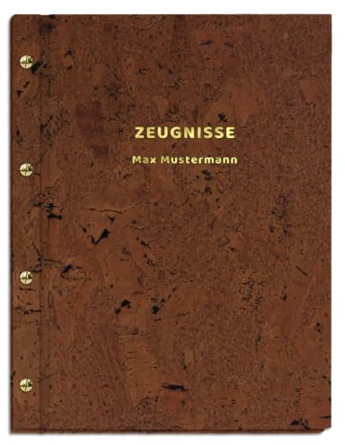 Personalisierte Zeugnismappe im dunklen Kork-Einband – 2-zeiliger Wunschtext als Prägung – 12 Hüllen für DIN-A4 Dokumente