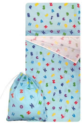 Saco de Dormir de Verano y Saco de guardería para bebés de 2 a 6 años - Tejido Acolchado 100% algodón, para Dormir en la guardería y en casa Saco de Dormir Letras Azul