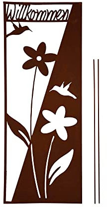 UNUS Plaque de jardin « Bienvenue avec fleurs » - Décoration de jardin - Aspect rouille - Piquet de jardin en patine - Décoration de jardin