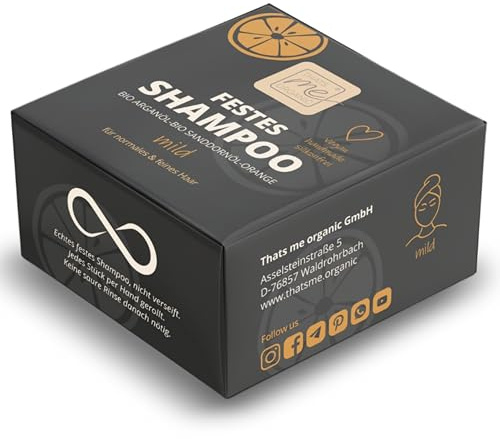 Thats me Organic Festes Shampoo „mild“ für normales & feines Haar – Handgemacht mit Orangen- & Lemongrass Duft – Vegan – Ergiebiger Shampoo Bar ohne Schmierfilm