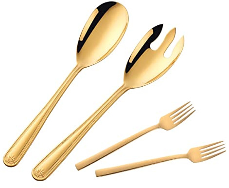 TUPMFG 30 cm Edelstahl Salatbesteck, Salatlöffel & Salatgabel mit 2 Gabeln, Salat Besteck Set (Gold)