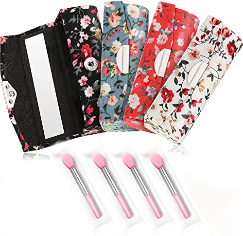 UBRAVE Lipstick Case set, 4 piece Lipstick Case and 4 piece Lip Brushes, Lipstick Holder Button Closure Lipstick Box with Mirror for Women Girls, Retro Flower Pattern in 4 color,Multi-colored