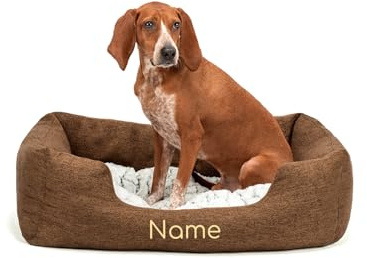 lionto Panier pour Chien avec Coussin réversible Moelleux, lit Douillet pour Animaux au Design chiné avec entrée Basse, pour Chiens & Chats de Toutes Tailles, 80x60 cm, Marron (avec nom imprimé)
