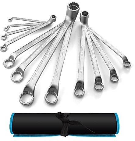 DURATECH Doppelringschlüssel-Satz, Gekröpfter Schraubenschlüssel Set, um 75 Grad abgewinkelt, DIN 838, Chrom-Vanadium-Stahl, Matt verchromt, 12-teilig, SW 6-32mm, mit Rolltasche