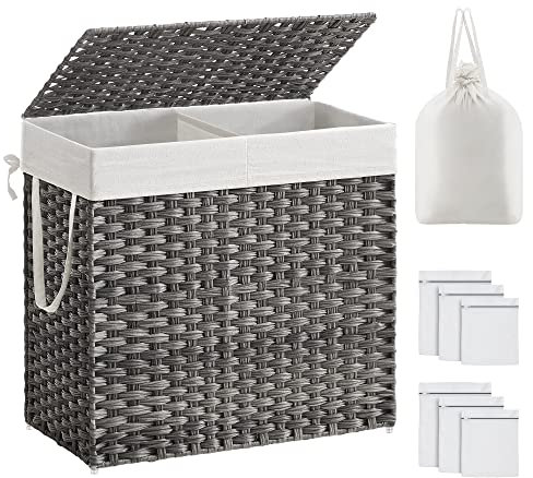 SONGMICS Wäschekorb mit Deckel, Wäschesammler 130 Liter, 2 Fächer, herausnehmbarer Wäschesack mit Griffen, handgeflochten, für Schlafzimmer, Badezimmer, 33 x 66 x 60 cm, grau LCB253G01
