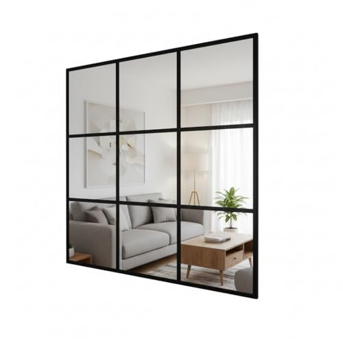 THEROSE Espejo Ventana, Espejo Industrial, Aluminio 120 x 120 cm (Negro)