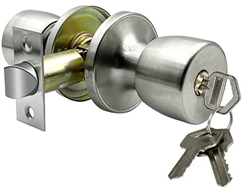 JO.KO Door Knob with Lock and Keyed, Satin Nickel Round Ball Lock Interior/Exterior Door Knob for Bedroom Or Bathroom (Stainless)