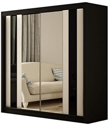 Margaret Hadas24 Kleiderschrank Cosmo 200 cm mit Spiegel, Mehrzweckschrank, Schwebetürenschrank, Garderobenschrank, Kleiderstange, Kleiderständer, Flurschrank, Schrank, 2-türig, schwarz, weiß, lacobel