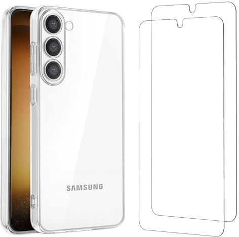 NEW'C skal med skärmskydd för Samsung Galaxy S23 Extremt transparent mjukt TPU-gel silikon och 2 × härdat glas för Samsung Galaxy S23 skärmskyddsfilm