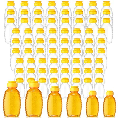 Nosiny 72 Pieces Plastic Skep Style Honey Squeeze Bottle Empty Plastic Honey Jars with Yellow Leak Proof Flip Lid Clear Honey Container Dispenser Holder for Storing and Dispensing 8 oz 12 oz 18 oz