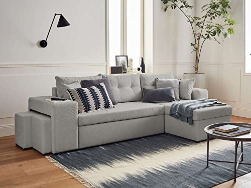 California - beidseitig montierbar mit Schlaffunktion - mit Truhe, Tisch und Hockern - aus Cord - 4 Sitze Hellgrau