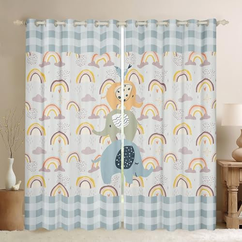 feelingyou Nette Elefant Fenster Vorhänge, Kawaii Elefant Baby Vögel Küchenfenster, Cartoon Sweet Regenbogen Blau Plaid Fenster für Zuhause, 2 Platten, L Größe