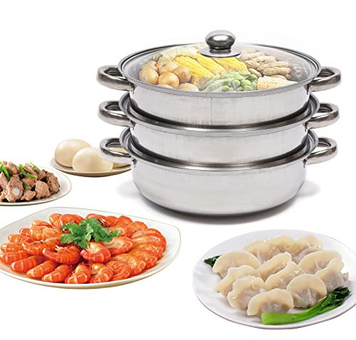 3 Etagen Dampfkocher, Ø 28 cm Stapelbar Dampfgarer Edelstahl Dampf Kochtopf Dämpfer mit Glasdeckel für Induktionsherd Elektrische Keramikherde, Elektroöfen oder Gasherde