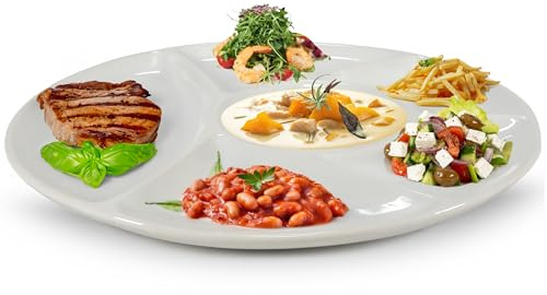 Oramics Fondueteller Porzellan Fondue Teller mit Unterteilung 23 cm rund weiß - Racletteteller Grillteller Snackteller mit Fächern - BBQ Raclette Menüteller Servierteller mit 6 Einteilungen (1er Set)