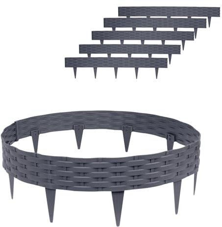 XINZI Bordo per aiuole, 5 m, in plastica, effetto rattan, per giardino, per palizzate, giardino, decorazione da giardino (5 pezzi, grigio)