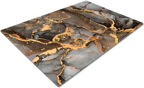 Glass Chopping Board | Non Slip Worktop Saver for Kitchen | Small Black Grey Gold Patterned Cutting Board