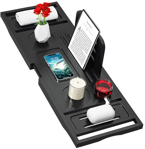 Bathtub Tray Caddy Black- Bath Tray Black - Bath Tub Tray Caddy - Bamboo Bath Tray for Tub - Expandable Size, Fits Most Tubs