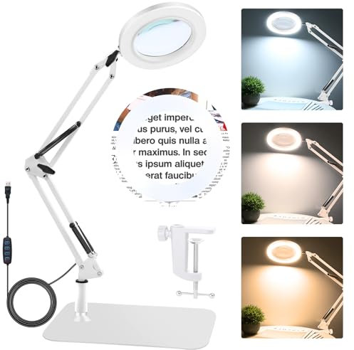 NZQXJXZ 2-in-1 Lupe mit Licht und Ständer, 10X Lupenlampe mit Ständer, 3 Farbmodi 10 stufenlos dimmbare Tischlupe für Naharbeiten, Schmuck, Lesen, Basteln, Hobby