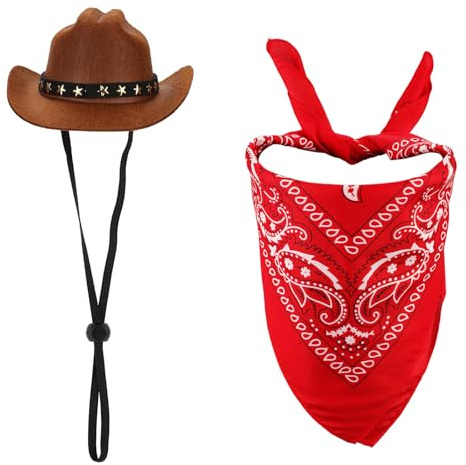 PEUTIER Costume da cowboy per cani e gatti di piccola taglia, marrone e rosso, cappello e bandana, retrò, Halloween
