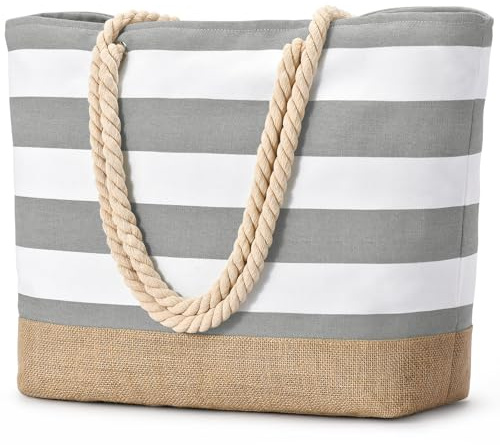 oscaurt Strandtasche XXL Familie Shopper Tasche Damen Badetasche Wasserdicht Umhängetasche Beach Tote Bag mit Reißverschluss Faltbare Reisetasche Sporttasche Travel Bag (Hellgrau)