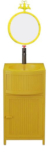 ZTGL Lavabo Bagno con Mobile, Stile Industriale Mobile Lavabo in Arte del Ferro, Colonna Colore Lavandino su Piedistallo, Lavabo Freestanding Bagno Set con Rubinetto E Scarico,Giallo,with Mirror