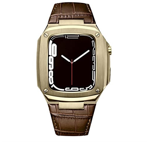 GAFNED Metal Watch Case Leather Strap，For Apple Watch Series SE 9 8 7 6 5 4 8 40mm 44mm Modification Kit Luxury Calfskin Band(F,40mm)