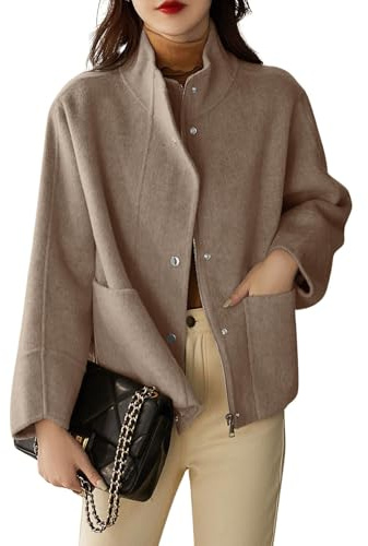 chouyatou Women's Casual Stand Collar Single Breasted Short Wool Pea Coat Overcoat with Pockets (Medium, Khaki)