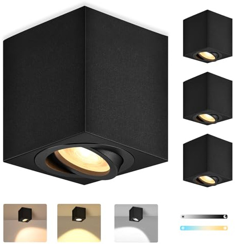 GeyouLux 4x LED Aufbauspot Eckig Schwarz, 230V 5W dimmbar, 3 Lichtfarben | 500lm, 3000K/4000K/6500K, 30° schwenkbar, 80 x H84 mm, Aluminium, LED-Modul inklusive