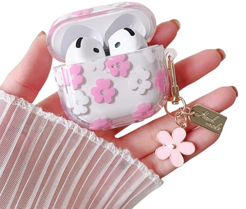 MINSCOSE kompatibel mit AirPods 4 Klar Hülle, Niedliche Cartoon Blumenmuster Design mit Blumen Schlüsselanhänger,Weiche TPU Schützende Stoßfest Fall für AirPods 4 für Mädchen Frauen-Rosa