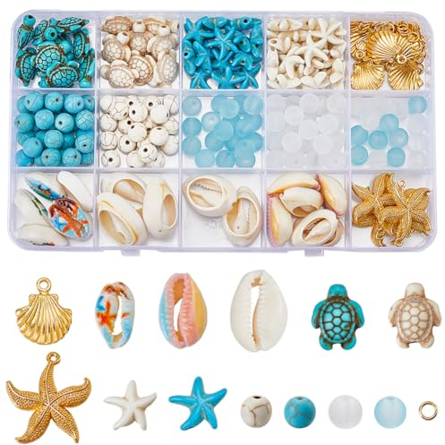 SUNNYCLUE 1 Box 240 Stück Ozean Perlen Set Meeresschildkröte, Seestern, Türkisfarbene Natürliche Kauri Muschel Anhänger, Meeresleben und Glas Abstandshalter für Schmuckherstellung