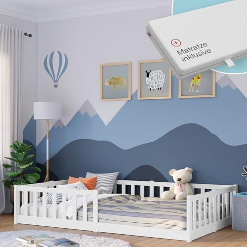 Bellabino Vere Bodenbett 120x200 cm, Massivholz Kiefer, mit Matratze, Weiß | Montessori Kinderbett mit Rausfallschutz & Lattenrost, Massivholzbett für Jungen & Mädchen aus Holz Kiefer, Kleinkindbett