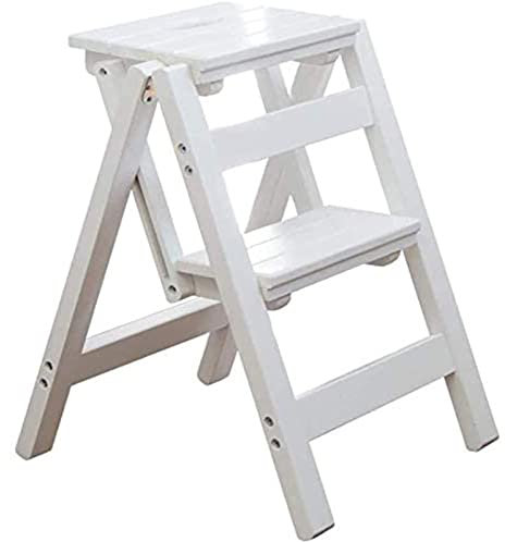 OZBMA Folding Step Stool Stepladders 2 Steps Ladders Small Stool Folding Portable Solid Wood Household Step Rack Ladder (Wood Color) (White)