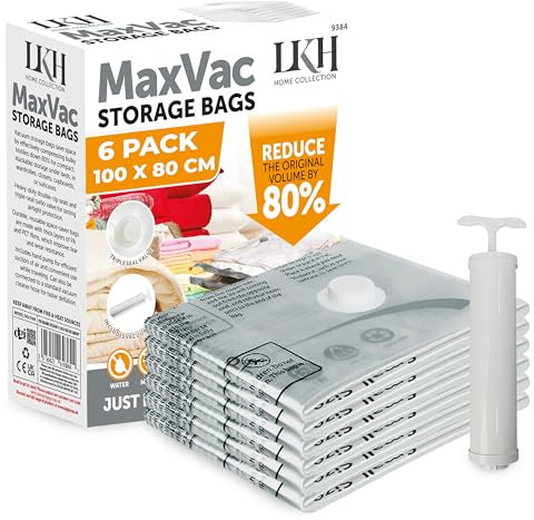LKH Vacuum Storage Bags with Pump Heavy-Duty Clothes Storage Bags – Waterproof, Airtight & Reusable Space Saver Bags Reduce Volume by 80% – 3x Seal Valve for Secure Compression 100x80cm (6 Pack)