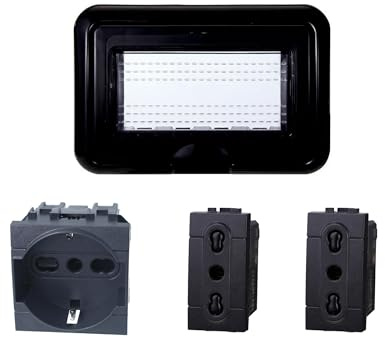 Kit Placca Scatola 504 IP55, 4 Moduli 1 Presa Schuko P40 + 2 Prese Bipasso, Compatibile Con Bticino Living, Colore Nero, Placca Stagna Idrobox Incasso Da Esterno