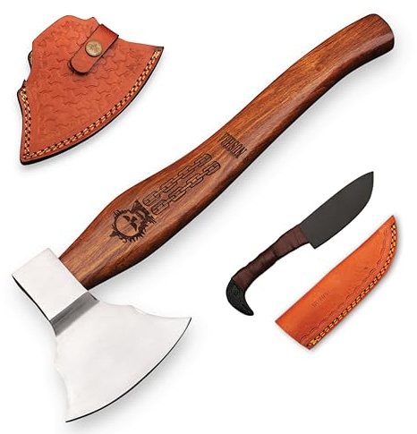 NUSHBA Viking Axe | Bearded Bushcraft Hatchet Hand Forged High Carbon Steel Camping, Throwing & Survival Axe with Leather Sheath