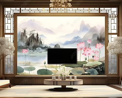 Papier Peint Intissé Style De Paysage À L'Encre De Lotus Poster Tableaux Muraux Tapisserie Photo Trompe L'Oeil Salon Chambre Art Mural 200Cm(L) X140Cm(H)