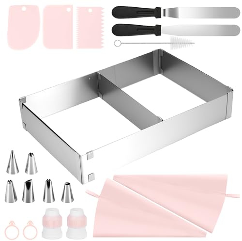 Rechteckige Grills,Quadratischer Tortenring aus Edelstahl Quadratisches Verstellbares Backgitter Mit Trennwänden Breite 18-34 cm x Länge 28-53 cm Zur Herstellung von Mousse-Kuchen und Käsekuchen