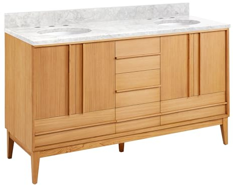 Signature Hardware 955208-60-UM-6 Sybill 60 Freestanding Teak Double Basin Vanity Set with Cabinet, Vanity Top, and Oval Porcelain Sink - 8 Faucet Holes - Natural Teak/Carrara