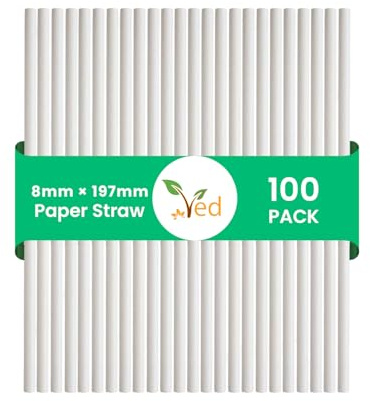 Pajitas de papel desechables VED (200 unidades, 8 mm x 197 mm), ecológicas, biodegradables y aptas para uso alimentario, ideales para bebidas frías, jugos, batidos, fiestas y eventos.