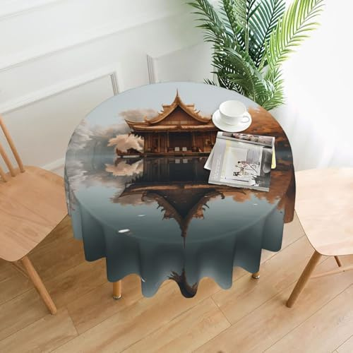 WZYWHJ Small pavilion on the lake Printed Round long tablecloth anti overflow and wrinkle resistant dining table cloth 60 inches