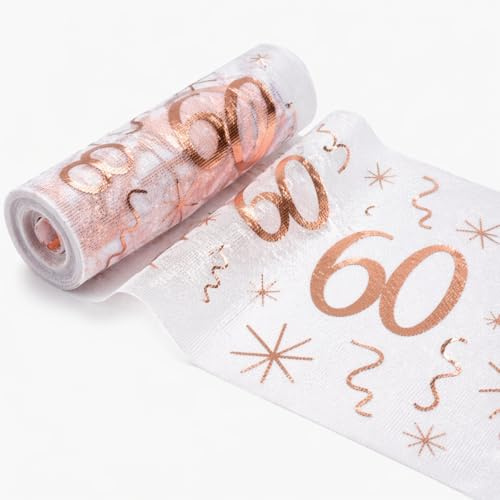 60. Tischläufer Geburtstag Deko Mann Frau - Rosagold Tischdeko Tischdecke | 28cm x 10m Zuschneidbar Geburtstags Glänzender Tischdeckenrolle, Geburtstagsdeko Tischband für Jahrestag Hochzeit Party Feier