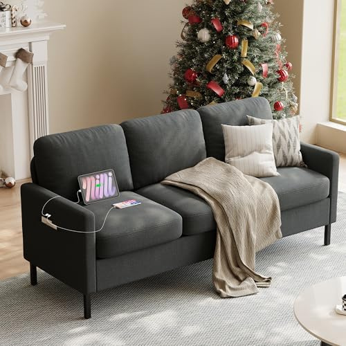 STHOUYN 72 W 3 Seater Couch with 2 USB, Comfy Grey Couch with 2 Pockets, Living Room Sofas with Reinforced Steel Frame, Cheap Sofas for Small Spaces, Dorm, Bedroom
