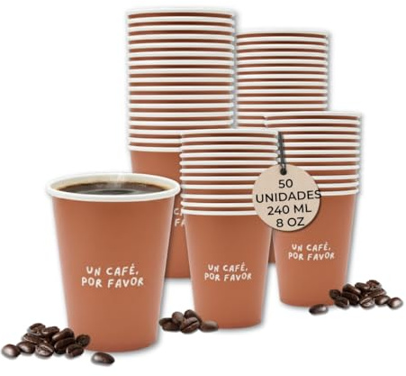 Vasos Café Desechables 50 Unidades - Vasos de Cartón con Diseño Elegante Para Llevar Cappuccino, Americano, Café con Leche - Vasos para Bebidas Calientes o Frías - Oficina, Eventos, Catering, Bar