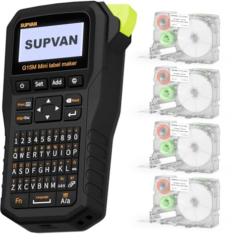 SUPVAN G15M Mini Étiqueteuse Industrielle Portable Rechargeable, inclut 4 Rouleaux d'Étiquettes Autocollantes Blanches, Résistante aux UV, pour l'extérieur, l'industrie, l'électricien et l'usine