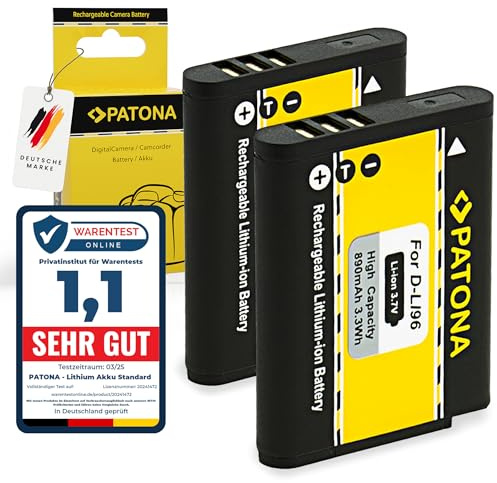 PATONA 2X Batterie pour Pentax D-Li96 Li96 WG-1000 WG1000, 890mAh 3.7V | Batterie anti surcharge et court-circuit, 100% identique à l'original