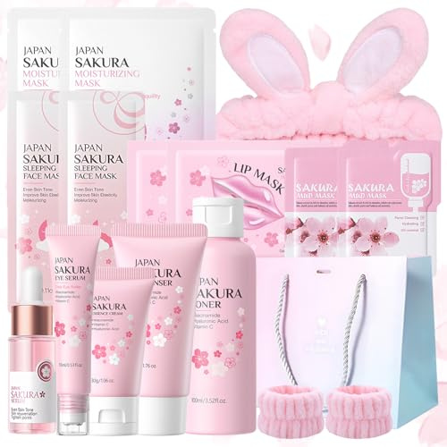 Set de Cuidado Facial Sakura 15 Piezas,con Limpiador,Tonico Facial,Crema facial,Esencia,Esencia ocular,Máscara para dormir,Mascarilla de barro,Mascarilla facial,Mascarilla labial y Accesorios
