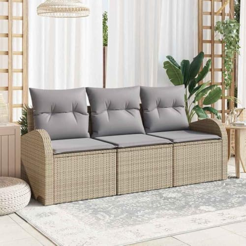Tonture Garten-Sofa-Set mit Kissen, 3-teilig, Beige Hellgrau Poly Rattan, Modulares Outdoor Loungeset für Terrasse und Balkon