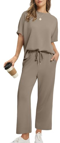 Desol Zweiteiler Damen Sommer Outfits, Trainingsanzug Sets Kurzarm Oberteil & Jogginghosen, Weites Bein Caprihosen für Freizeit & Hausgebrauch & Reisen