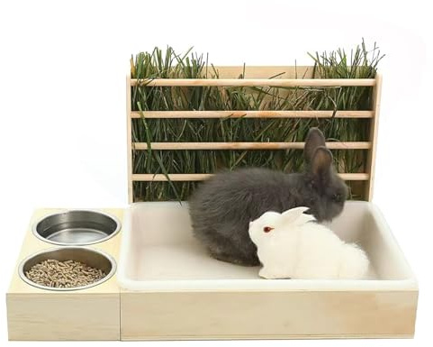 Kaninmatare manger, trä kanin hömatare, med kattlåda skålar vatten kattbricka för kaniner rörsäker trä kanin matning krubba för kanin marsvin hamster