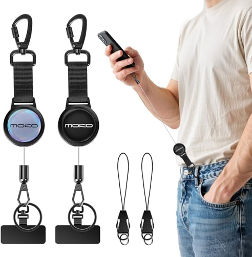 MoKo 2er-Pack Handysicherung mit Stahlseil und Karabiner | Ausziehbares Handyband mit 360°-Metallhalterung für Wandern, Klettern und Angeln, Schwarz-Silber.